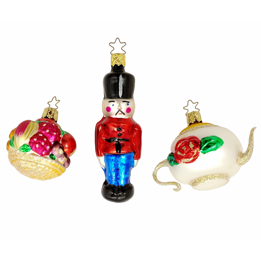 VIntage Christmas Ornament Inge Glas Lot of 3-Nutcracker-Teapot-Fruit Germany